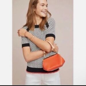 Anthropologie Moth Black White Honeycomb Knit Short Sleeve Sweater Pink Trim